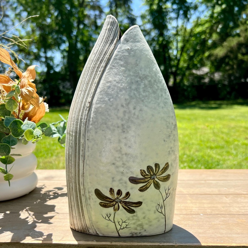 Vintage Ceramic Oriental Floral White and Gray Vase | Stamped